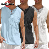 KYUSHUAD เสื้อแขนกุดผู้ชาย เสื้อสวมศีรษะผู้ชายมีปกตั้ง