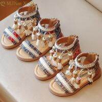 Girl Sandals Bohemia Style Tassel Ankle Strap Zipper Children Summer Shoes Black Brown Print Pattern 23-36 Fashion Kids Sliders