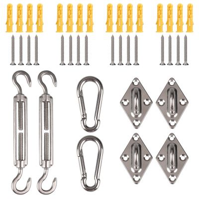 Sun Shade Sail Canopy Accessory 24pcs/set 304 Stainless Steel Hardware Kit Turnbuckle Pad Eye Carabiner Clip Hook Screws Silver Clamps