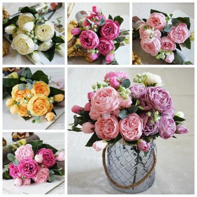 1x Artificial Silk Peony Flowers Bouquet Fake Leaf Wedding Party Home Decoration