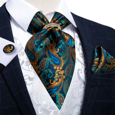 ผู้ชาย Ascot Vintage Teal สีเขียวทอง Paisley คลาสสิกงานแต่งงานอย่างเป็นทางการ Cravat Self Ties สุภาพบุรุษ100 ผ้าไหมคอผ้าพันคอ DiBanGu