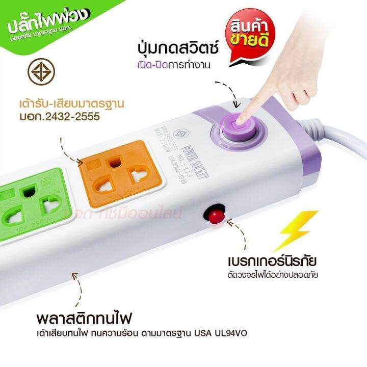 ปลั๊กไฟ-ปลั๊ก-รุ่น-pn115-pn114-pn113-รางปลั๊กไฟ-ปลั๊กพ่วง-ปลั๊กไฟต่อพ่วง-5ช่อง-1สวิทช์-ความยาว-3เมตร-5เมตร-8เมตร-2300w-มาตรฐาน