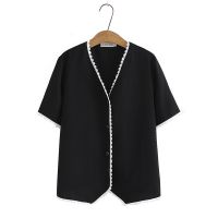 【มีไซส์ใหญ่】Plus Size Womens V-neck White Black Summer Blouses Ladies Office-wear Irregular Female Tops Solid Color XL-3XL Blusas