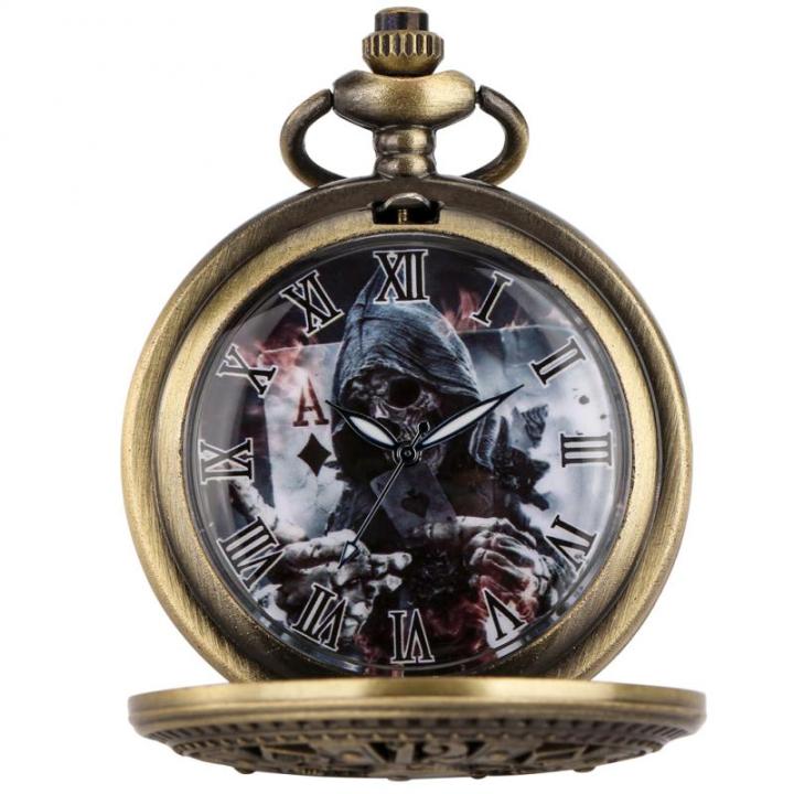 การ์ดสีบรอนซ์แบบย้อนยุคดีไซน์รูปหัวกะโหลกนาฬิกาพกควอตซ์แบบสตีมพังค์สายโซ่ขนาด80ซม-38ซม-นาฬิกาติดผนังสไตล์โบราณ