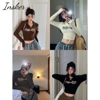 Insker- เสื้อยืดลําลอง แขนยาว คอปก พิมพ์ลายตัวอักษร สําหรับผู้หญิง V728