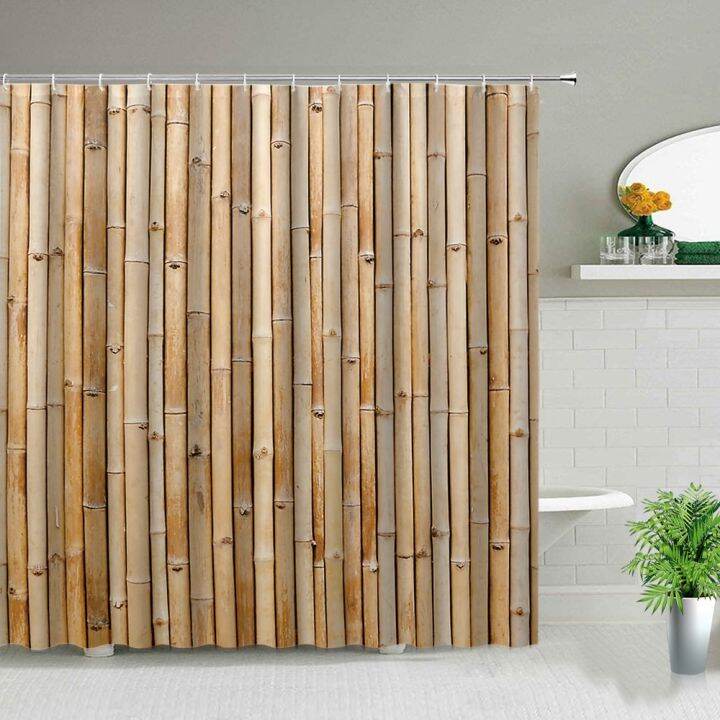 Chinese Style Green Bamboo Shower Curtain Wood Grain Pattern Starfish