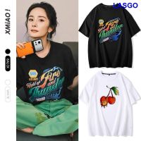 เสื้อยืด Yang Mi แขนสั้นทรงหลวมสำหรับเด็กผู้หญิงแนวสตรีทชุดคู่รักแนวสตรีทสูงแนวยุโรปพิมพ์ลายผ้าฝ้าย