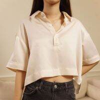 Roll&amp;Rover ROLLING satin shirt (Cream) เสื้อเชิ้ตโปโล Oversized Crop คอปก ผ้าPremium Satin