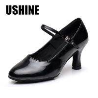 USHINE PU ส้นละตินแทงโก้ซัลซ่าสีดำ7ซม. รองเท้าลีลาศรองเท้าเต้นรำสตรี