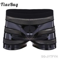 【CW】﹍  TiaoBug Mens Wetlook Faux Leather Mesh Patchwork Low Rise Men Bulge pouch Panties