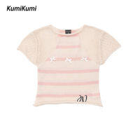 เสื้อสเวตเตอร์ขนสัตว์แบบถักลายทางฉบับภาษาเกาหลีฤดูร้อนแขนสั้น KUMI สำหรับผู้หญิง