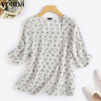 (จัดส่งฟรี)Fancystyle VONDA เสื้อสตรีแขนพองสั้นคอเหลี่ยมสำหรับเดินทางเสื้อพิมพ์ลายดอกไม้ #2