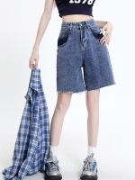 【hot】 Patchwork Waisted Straight Jean Shorts 2023 Streetwear Ladies Denim