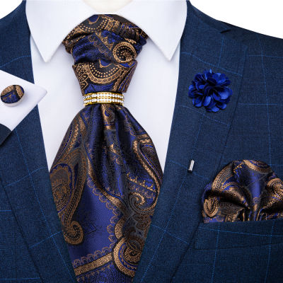 แฟชั่นผู้ชาย Ascot Tie ผ้าไหม Vintage Navy Blue Paisley ทอ Cravat Tie แหวน5ชิ้นชุดสำหรับงานแต่งงานผ้าพันคอของขวัญอุปกรณ์เสริม
