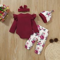 4PCS Kids Infant Baby Gril Clothes Set Letter Printed Lace Long Sleeve Romper+Floral Printed Pants +Headband+hat Outfit