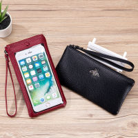 Womens Wallets Ladies Long Genuine Leather Wallet Transparent Phone Pocket Bag Brand Zipper Leather Clutch Purse with Wristlet