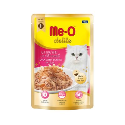 ME-O มีโอ ดีไลท์ เพาซ์ อาหารแมวโต ชนิดเปียกแบบซอง รสปลาทูน่าและปลาโอในเยลลี่ (1 กล่อง = 70 g. x 12 ซอง)