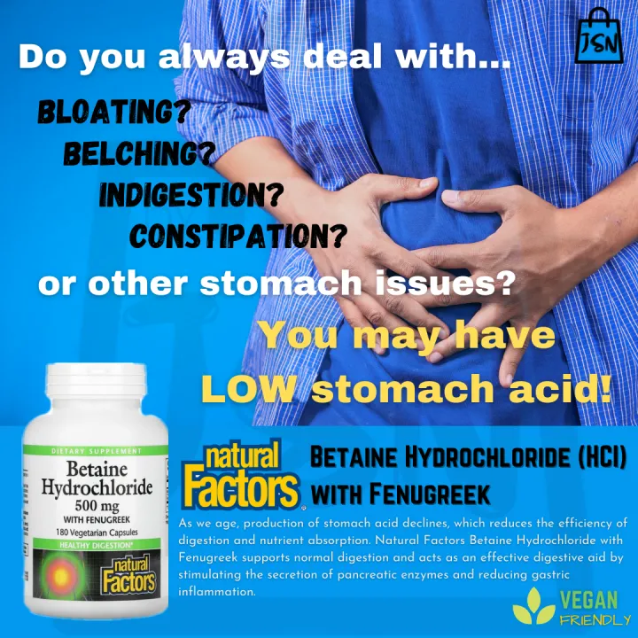 [JSN] Natural Factors, Betaine Hydrochloride with Fenugreek 500mg, 180