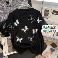 LISuper Mall Erfly Beaded Hot Diamond ผ้าไหมน้ำแข็งแขนสั้นถักเสื้อกันหนาวผู้หญิง2023ฤดูร้อนใหม่แฟชั่นรอบคอเสื้อยืด Top