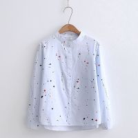 S-3XL Cotton Blouse Blue and Wihte Colors Sweet Long Sleeve Blouse