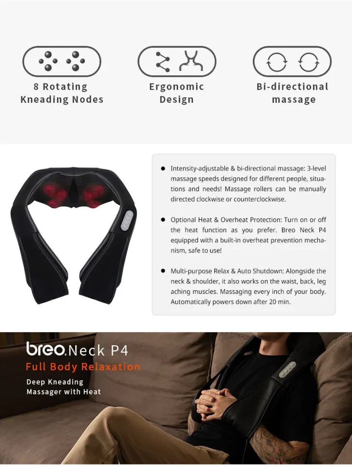 Breo Shiatsu Neck & Back Massager With Heat 3d Deep Kneading Pain