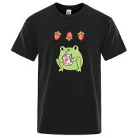 Mens T Shirts Printed Strawberry Milk Frog Cute Tshirt For Men Tee Shirts Gildan