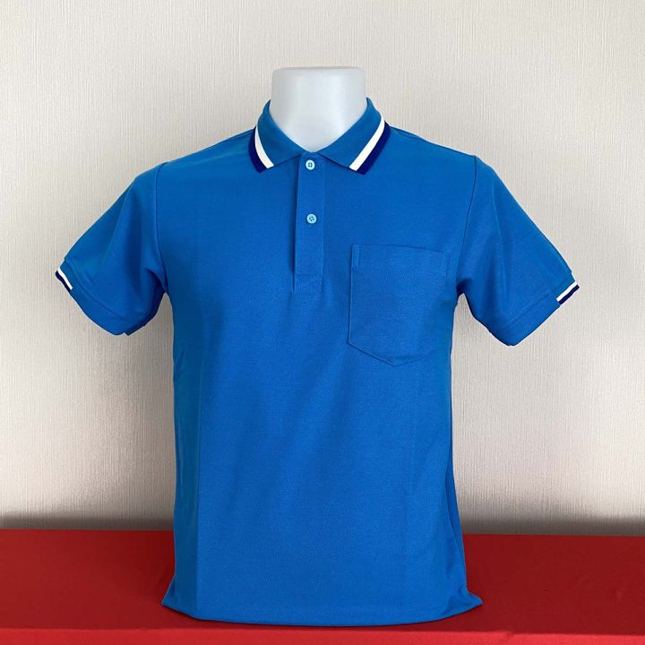 polo-shirt-แบบชาย-สีฟ้าเข้มคอคลีปครีมน้ำเงิน-แบบชาย-เป็นเสื้อทรงตรง-มีกระเป๋า-ส่วนแบบหญิง-เป็นเสื้อทรงเข้ารูป