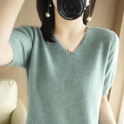 New Spring Short-sleeved Womens Autumn and Winter Sweater V-neck Half-sleeve Trendy All-match Korean-style Loose Base Shirt T-shirt for Women 2023