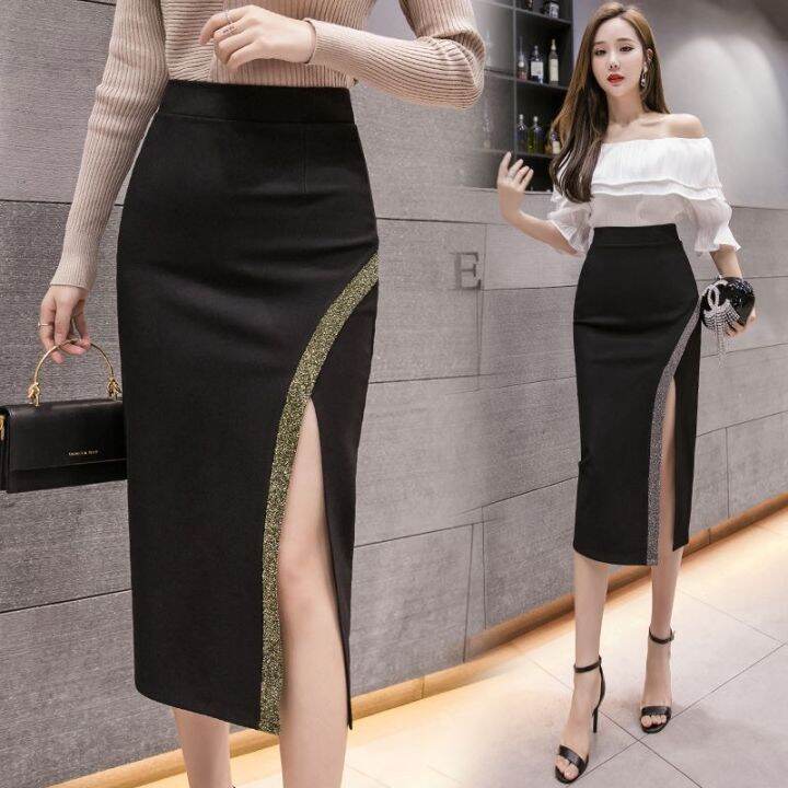 Women High Waist Elastic Sexy Skirts Mid Length Side Opening Skirts Lady Temperament Hip Skirt 3521