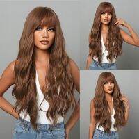 Honey Brown Synthetic Wigs with Bangs Long Natural Wavy Hair Wigs for Women Heat Resistant Cosplay Wig