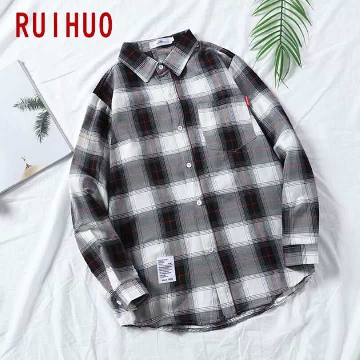 เสื้อผ้าเสื้อผู้ชายลายสก๊อต-ruihuo-สำหรับผู้ชายเสื้อเชิ้ตผู้ชายสไตล์เกาหลีเสื้อเกาหลีฮาราจูกุแขนยาวเสื้อเชิ้ตลายสก๊อต3xl-ฤดูใบไม้ผลิ