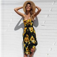 2021 Summer Sunflower Print Button Beach Dress Women S-2XL Pocket Midi Dress Sexy Slip Dress Ladies Vestido Verano