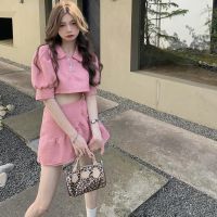 【CC】♂✷♕  Korean 2 Piece Set Loose Puff Sleeve Pink Blouse   Skirt Female Short Y2k 2023 New