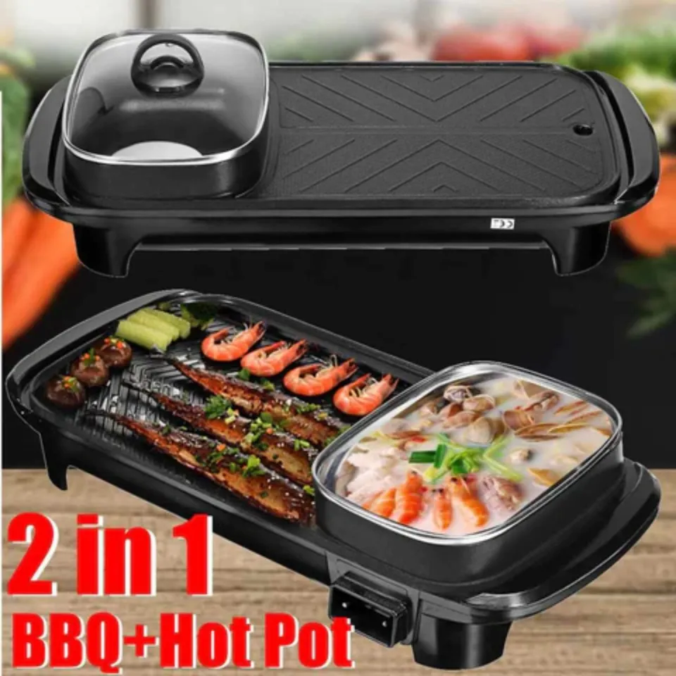 2 in 1 Electric Grill Indoor Hot Pot Barbecue Multifunctional, Indoor  Teppanyaki Grill/Shabu Shabu Pot with Divider - Separate Dual Temperature  Contral, Capacity for 2-12 People 