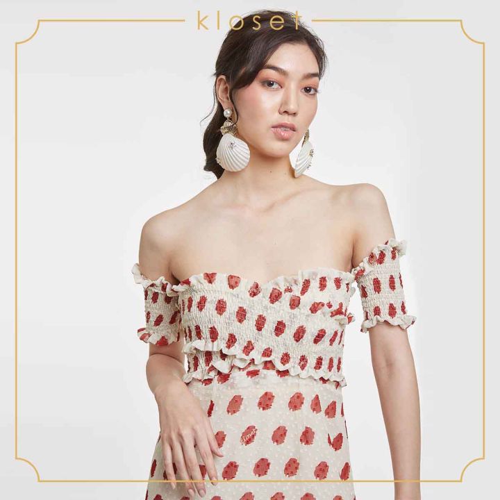 kloset-design-polka-dot-printed-off-shoulder-dress-rs20-d002-เดรสปาดหล่-เดรสผ้าชีฟอง-เดรสผ้าแฟชั่น