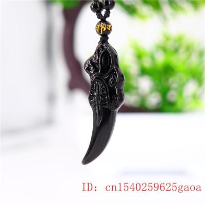 Natural Obsidian Wolf tooth Pendant Black Carved Charm for Jewelry Amulet Men Gifts Necklace Chinese