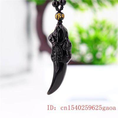 Natural Obsidian Wolf tooth Pendant Black Carved Charm for Jewelry Amulet Men Gifts Necklace Chinese