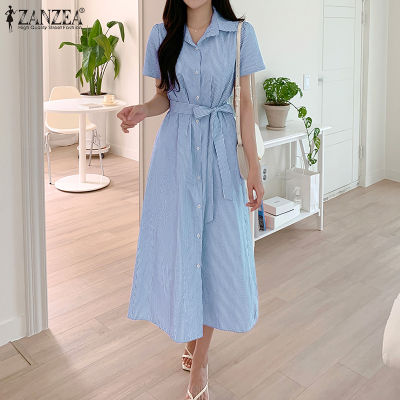 (สินค้ามาใหม่)(จัดส่งฟรี)เสื้อสไตล์เกาหลีของผู้หญิงลายทางสุดหรูของ Fancystyle ZANZEA ชุดเดรสทำงานติดกระดุม #11