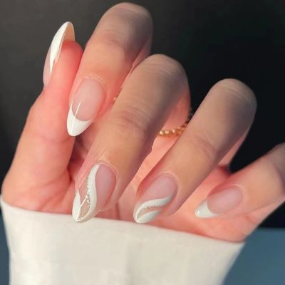 24Pcs/Box Almond Round Wavy False Nails Detachable Stiletto Fake Nails Full Cover French Ballerina Nail Tips Press On Nails