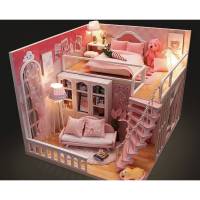 บ้าน DIY บ้านประกอบ Lovely Pink ประกอบเอง/ประกอบสำเร็จ พร้อมไฟ LED ฝาครอบกันฝุ่น