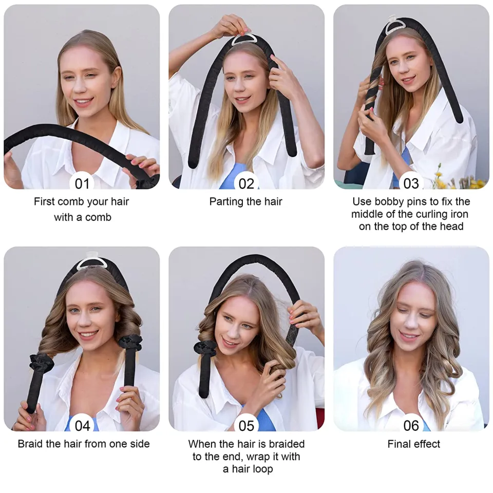 Heatless Curling Rod Headband, No Heat Curl Ribbon with Hair Clips