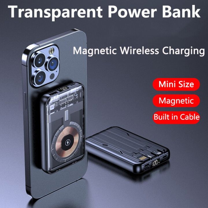 20000mAh Magnetic Qi Wireless Charger Transparent Power Bank for iPhone 14  13 12 Series Mini Powerbank for Samsung Huawei Xiaomi 