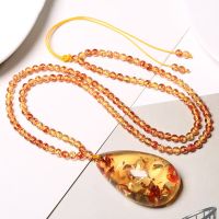 Natural Baltic Flower Amber Pendant Necklace Sweater Chain Women Real Floral Ambers Charms Necklaces Succinum Lucky Amulet Gifts