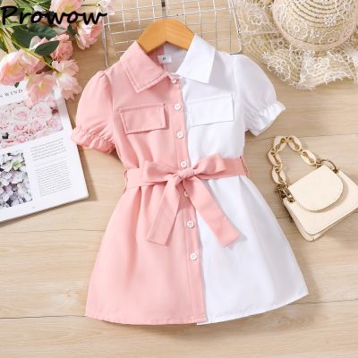 Prowow 2-6Y Childrens Dresses Girls Pink White Patchwork Polo Shirt Dress For Girls Blouses With Belt Summer Kids Clothes Girls