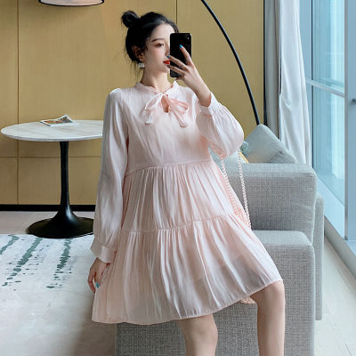 Spring Maternity Fashion Dress Sweet Bow Collar Long Sleeve Ruffles Cake Dress Plus Size Pregnant Woman A-Line Dress+Lining