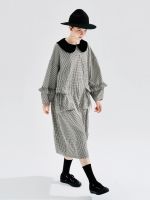 imakokoni 2023 pre-fall black and white plaid doll collar long-sleeved dress in long thin model 234218