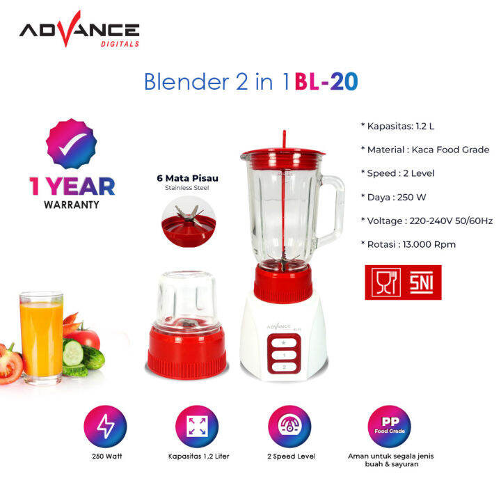 Blender 2 in 1 Advance BL20 Blender serbaguna Gelas Kaca 1.2 Liter