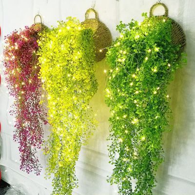 【cw】80cm Led Artificial Plant Vines Wall Hanging Flower nch Fake Ivy with Basket Home Garden Livingroom Artificail Greening Decor