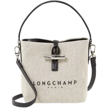 Longchamp Small Roseau Logo Printed Bucket Bag in Gray