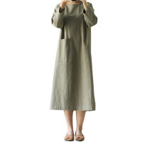 Women Loose Dress Maxi Dresses in the Long Section Large Size Long Sleeve Japanese Cotton and Linen Nightdress Green